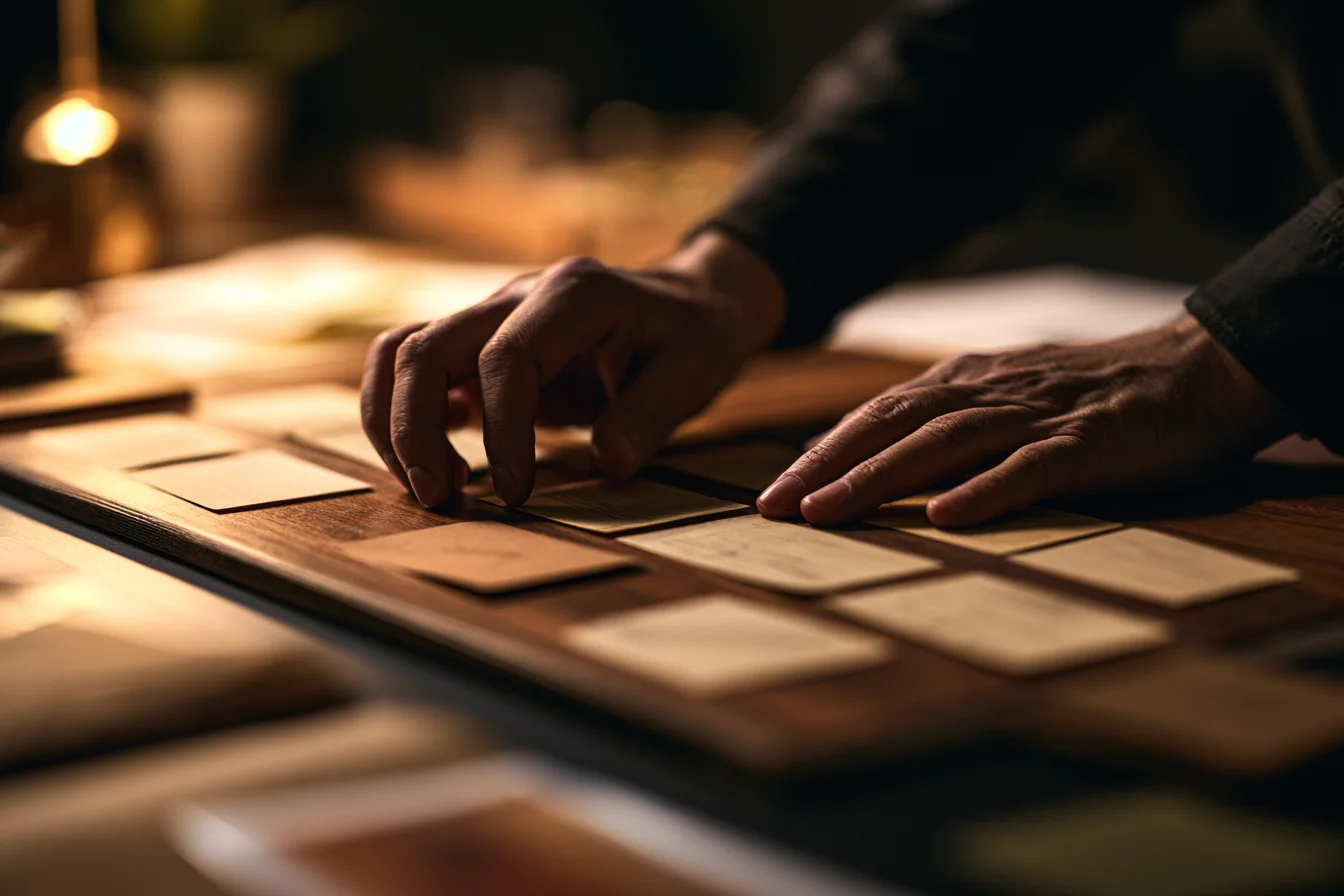 Mani che mappano un flusso di lavoro con schede di carta