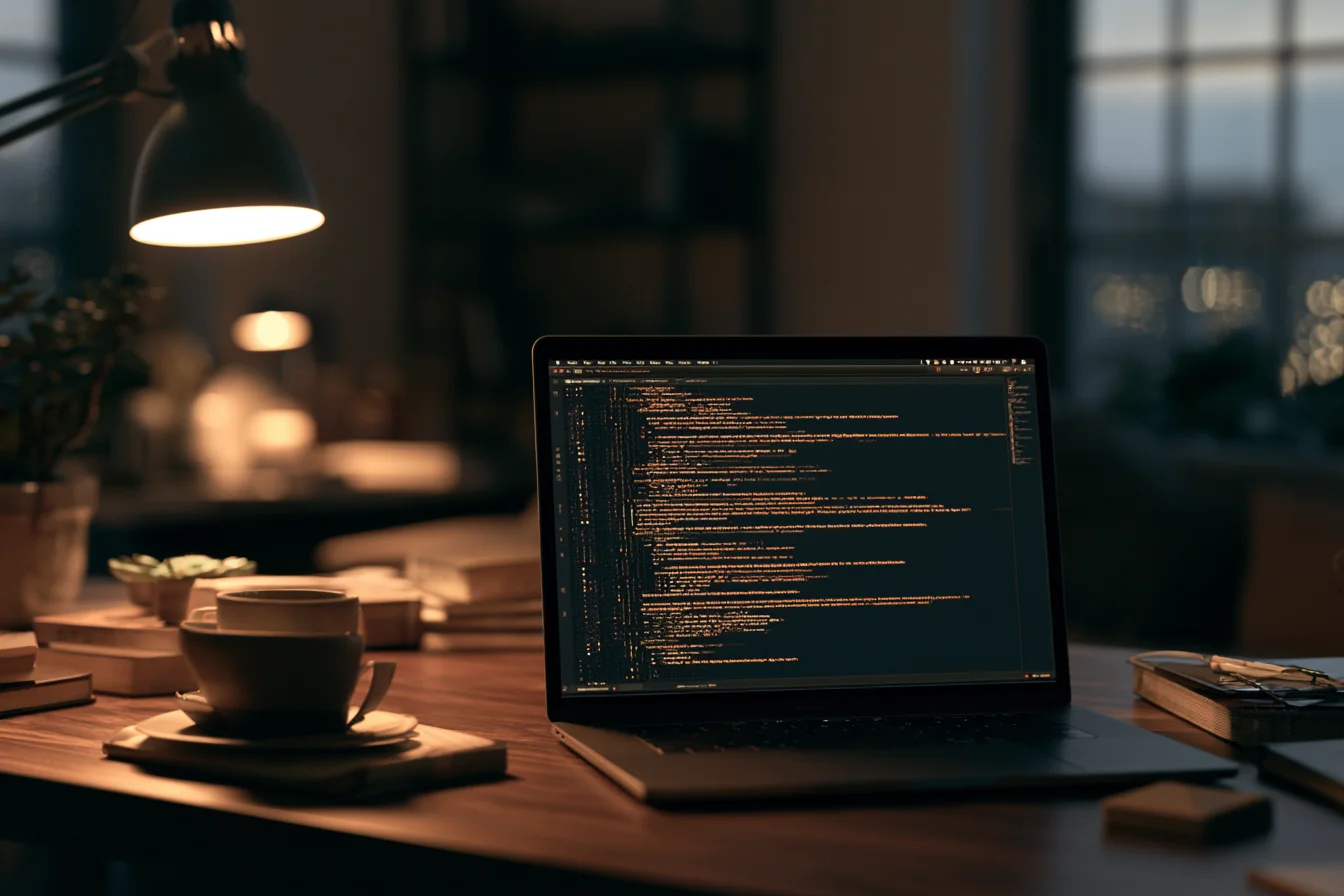 Laptop con terminale scuro e codice al lavoro