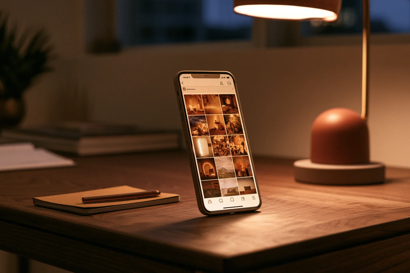 Smartphone con griglia di contenuti social